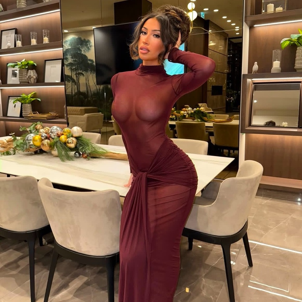 NEW Mock Neck Front Wrap sheer sexy burgundy Detail Maxi Party mesh Dress